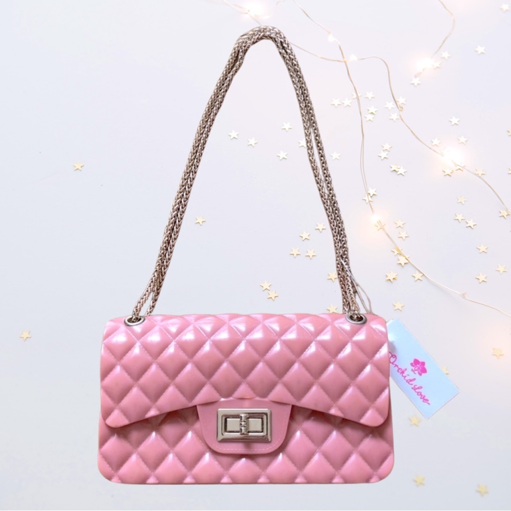 ORCHID LOVE Quilted Jelly Flap Bag with Gold Chain New with Tags